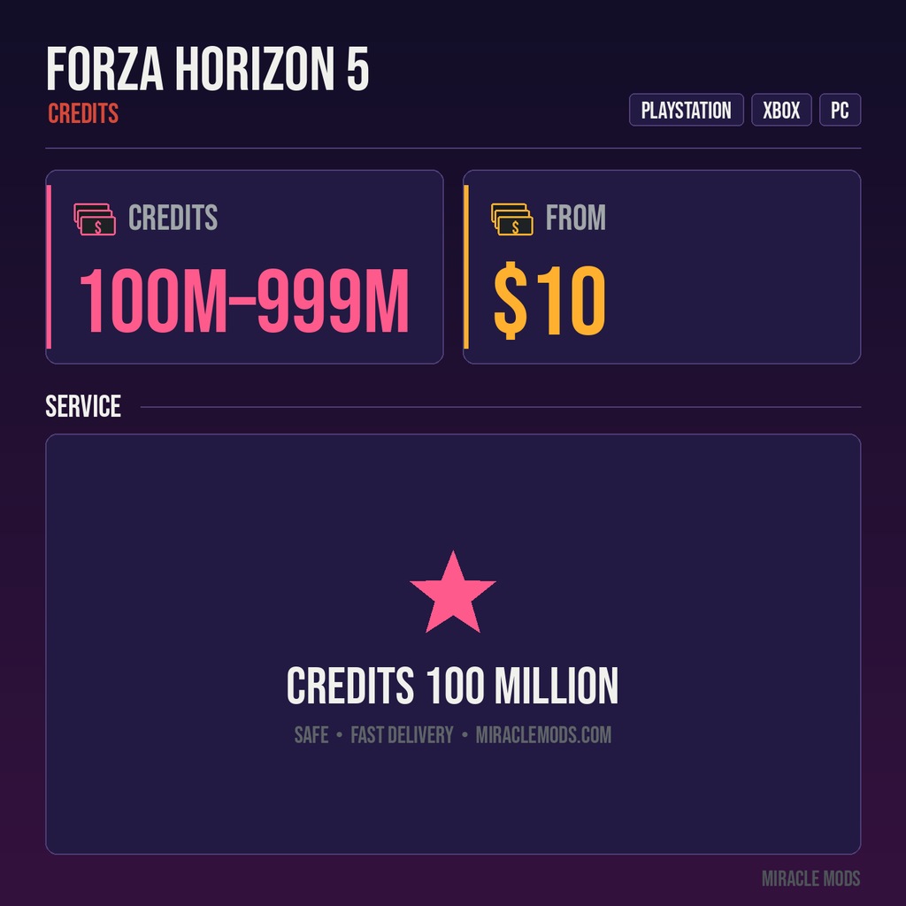Forza Horizon 5 Credits 100 Million – 999 Million (PS5/Xbox/Steam) Forza Horizon 5 Credits 100 Million – 999 Million (PS5/Xbox/Steam)
