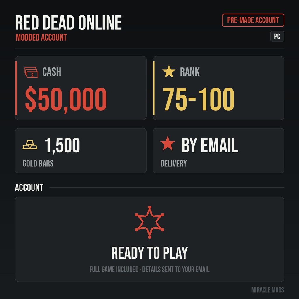 (PC) Red Dead Redemption 2 Modded Account Pre-Made Rank 75-100 50,000 Cash + 1500 Gold Bars (PC) Red Dead Redemption 2 Modded Account Pre-Made Rank 75-100 50,000 Cash + 1500 Gold Bars