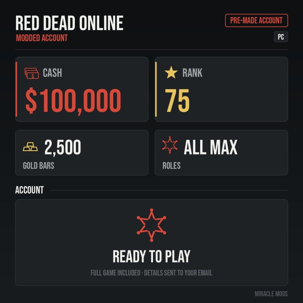 (PC) Red Dead Redemption 2 Modded Account Pre-Made Rank 75 100,000 Cash + 2500 Gold Bars + All Roles Maxed