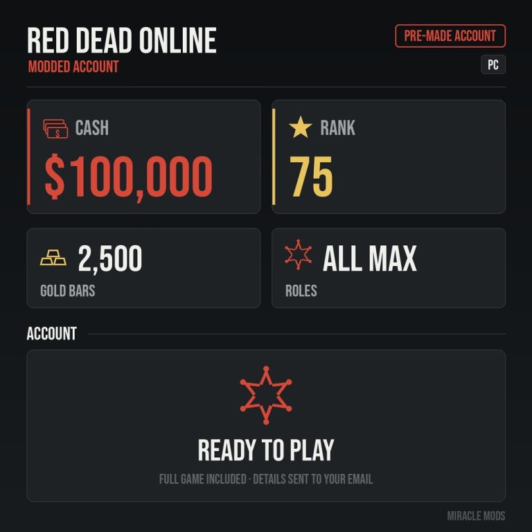 (PC) Red Dead Redemption 2 Modded Account Pre-Made Rank 75 100,000 Cash + 2500 Gold Bars + All Roles Maxed (PC) Red Dead Redemption 2 Modded Account Pre-Made Rank 75 100,000 Cash + 2500 Gold Bars + All Roles Maxed