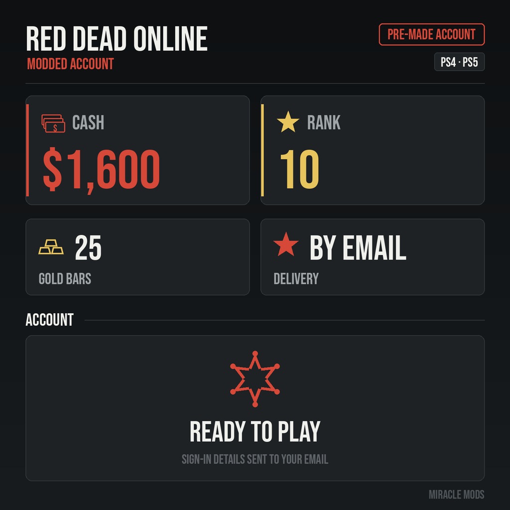 (Playstation) Red Dead Redemption 2 Modded Account Pre-Made Rank 10 1600 Cash + 25 Gold Bars (Playstation) Red Dead Redemption 2 Modded Account Pre-Made Rank 10 1600 Cash + 25 Gold Bars