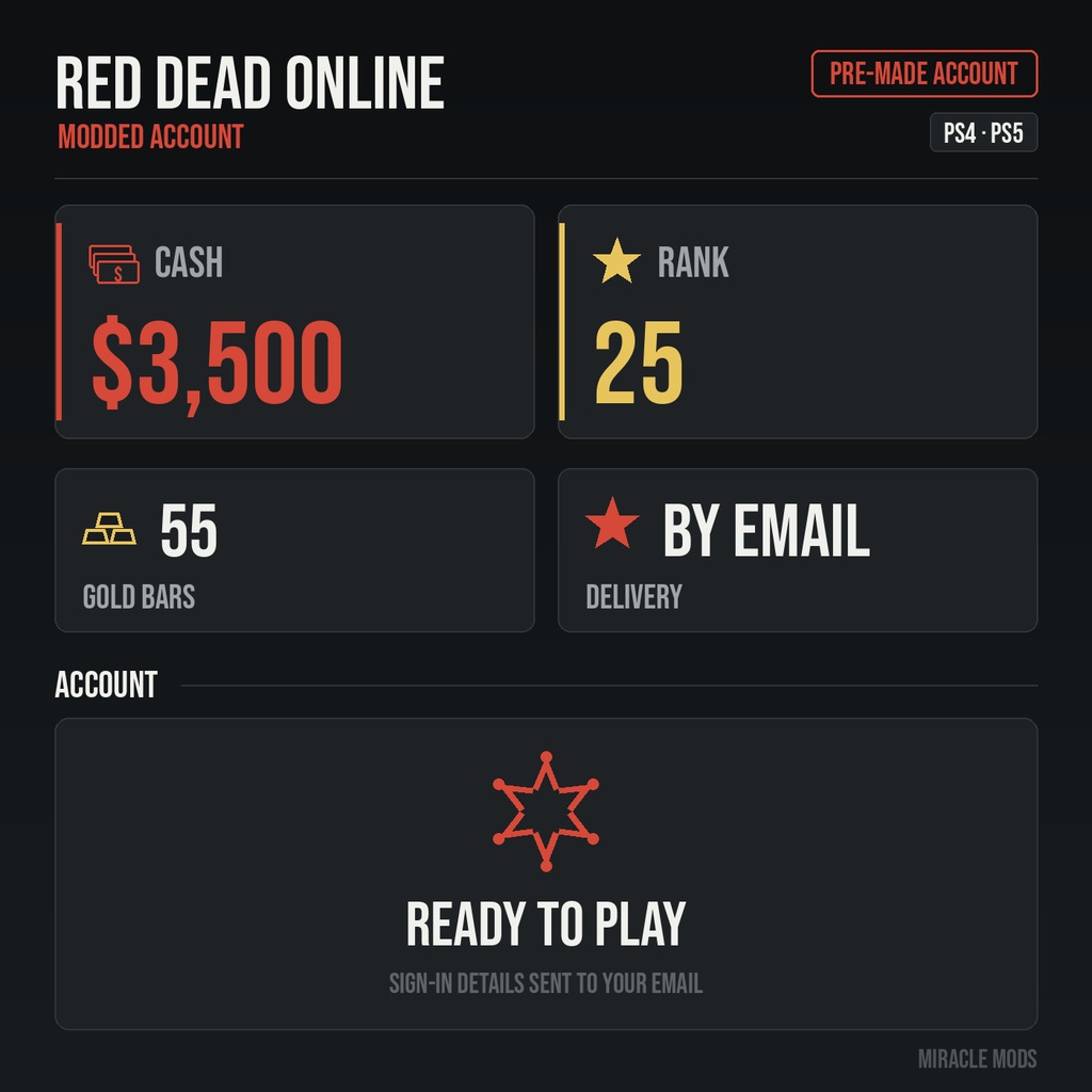 (Playstation) Red Dead Redemption 2 Modded Account Pre-Made Rank 25 3500 Cash + 55 Gold Bars (Playstation) Red Dead Redemption 2 Modded Account Pre-Made Rank 25 3500 Cash + 55 Gold Bars