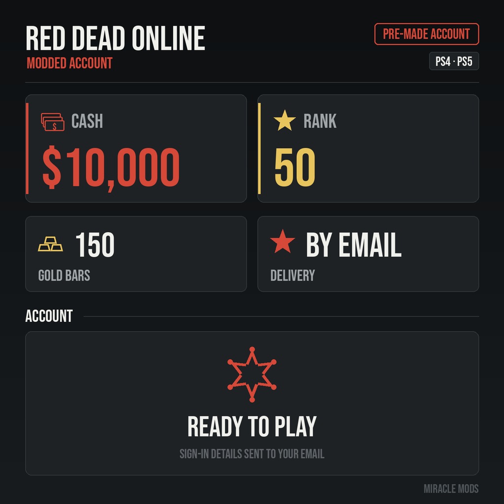 (Playstation) Red Dead Redemption 2 Modded Account Pre-Made Rank 50 10,000 Cash + 150 Gold Bars (Playstation) Red Dead Redemption 2 Modded Account Pre-Made Rank 50 10,000 Cash + 150 Gold Bars