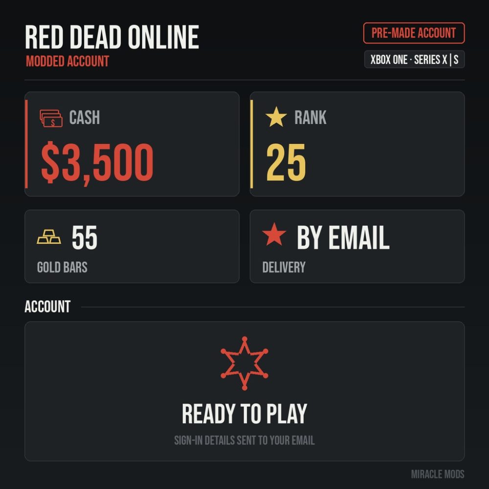 (Xbox) Red Dead Redemption 2 Modded Account Pre-Made Rank 25 3500 Cash + 55 Gold Bars (Xbox) Red Dead Redemption 2 Modded Account Pre-Made Rank 25 3500 Cash + 55 Gold Bars
