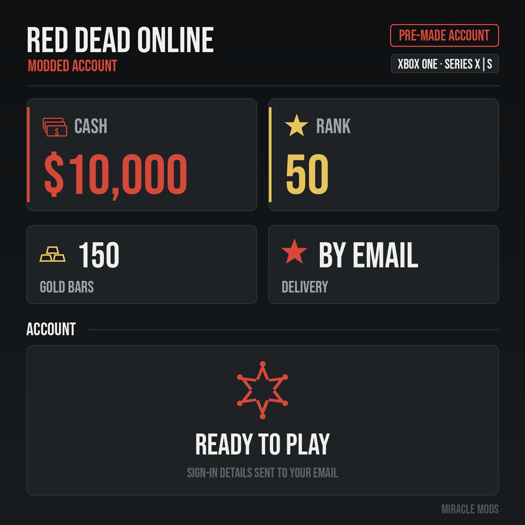 (Xbox) Red Dead Redemption 2 Modded Account Pre-Made Rank 50 10,000 Cash + 150 Gold Bars (Xbox) Red Dead Redemption 2 Modded Account Pre-Made Rank 50 10,000 Cash + 150 Gold Bars