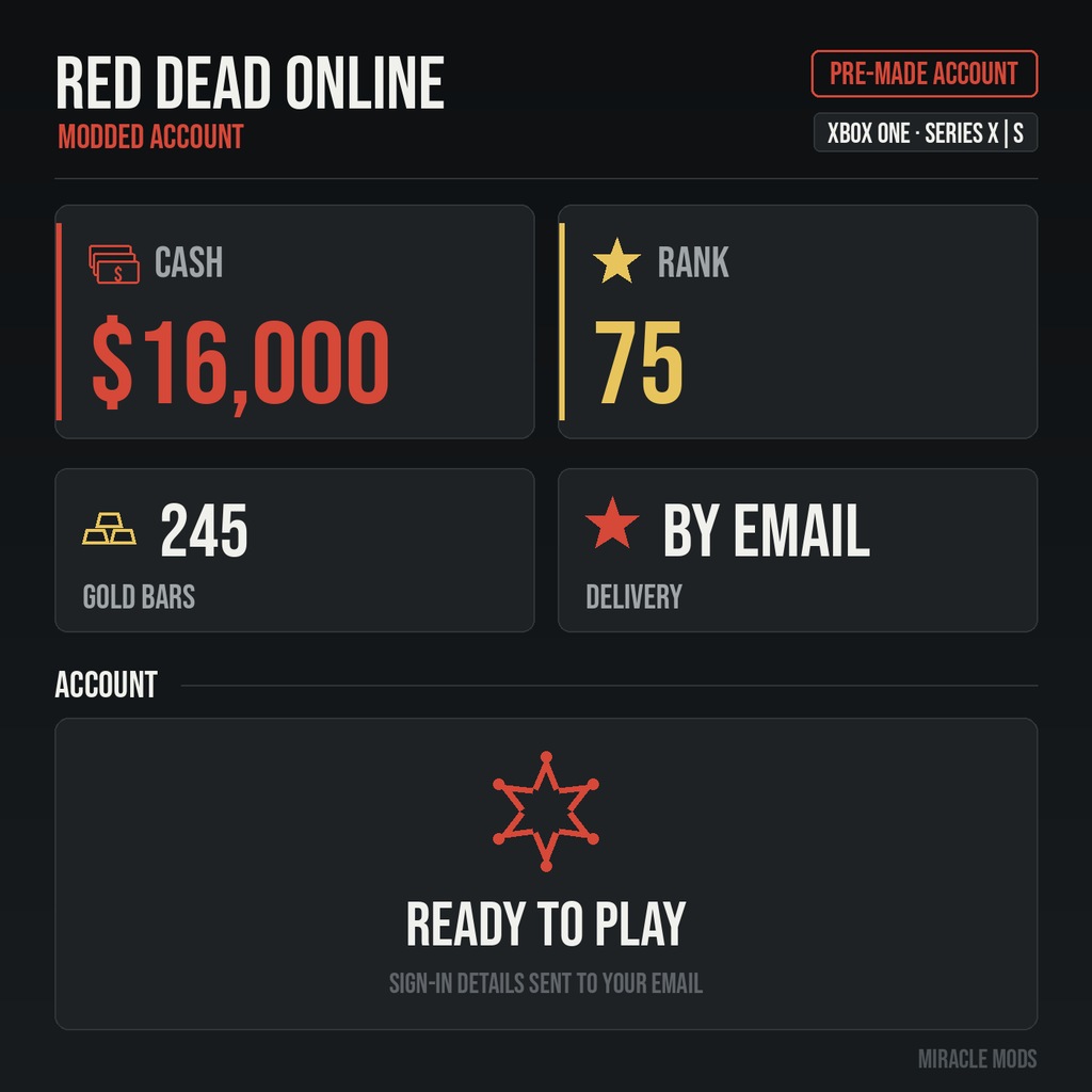 (Xbox) Red Dead Redemption 2 Modded Account Pre-Made Rank 75 16,000 Cash + 245 Gold Bars (Xbox) Red Dead Redemption 2 Modded Account Pre-Made Rank 75 16,000 Cash + 245 Gold Bars