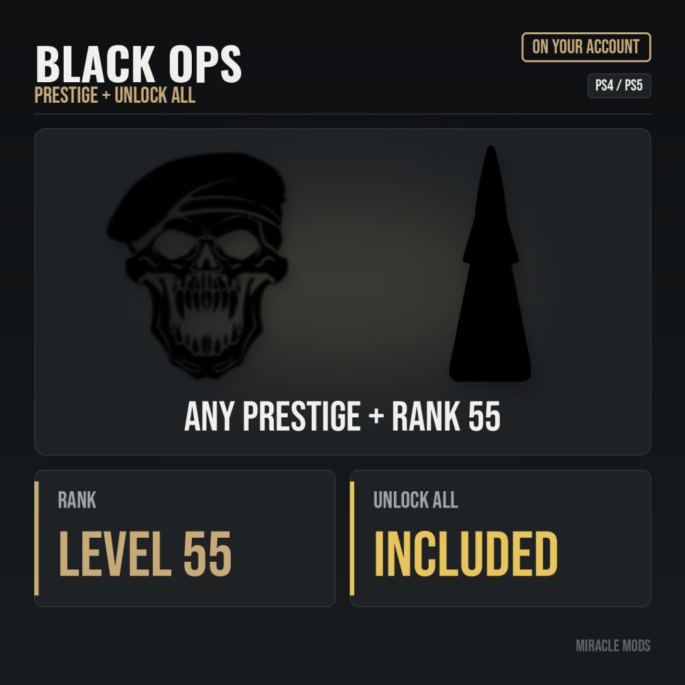 Black Ops 1 Prestige, Rank 55 & Unlock All (PS4/PS5) Black Ops 1 Prestige, Rank 55 & Unlock All (PS4/PS5)