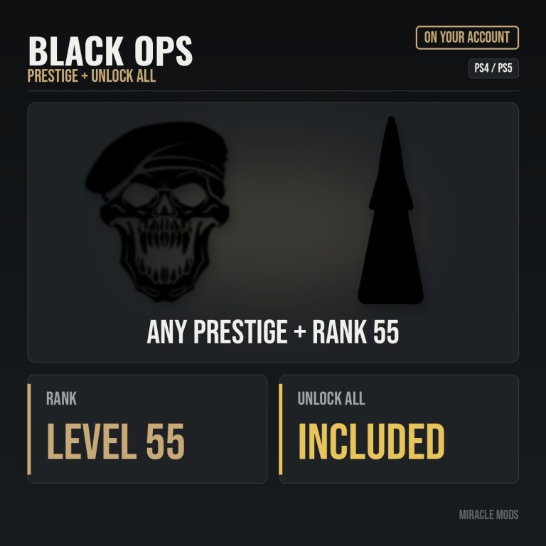 Black Ops 1 Prestige, Rank 55 & Unlock All (PS4/PS5) Black Ops 1 Prestige, Rank 55 & Unlock All (PS4/PS5)