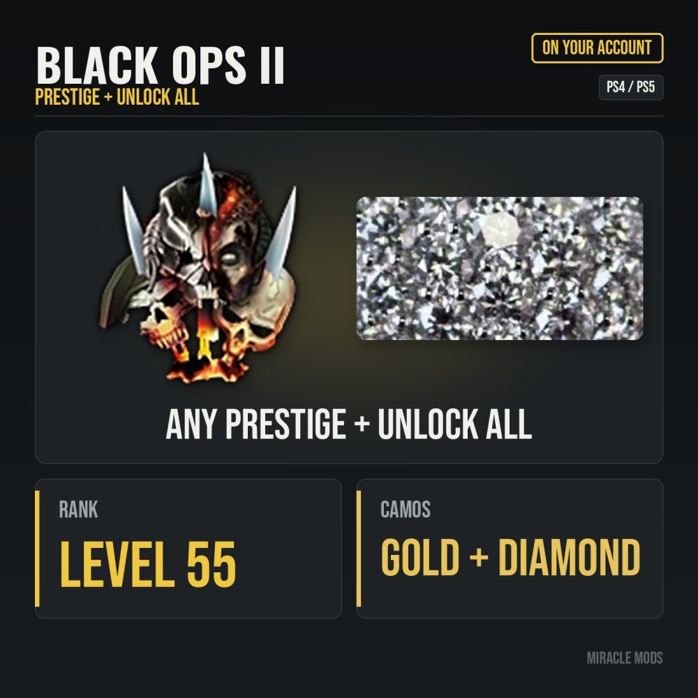 Black Ops 2 Prestige, Rank 55 & Unlock All (PS4/PS5) Black Ops 2 Prestige, Rank 55 & Unlock All (PS4/PS5)