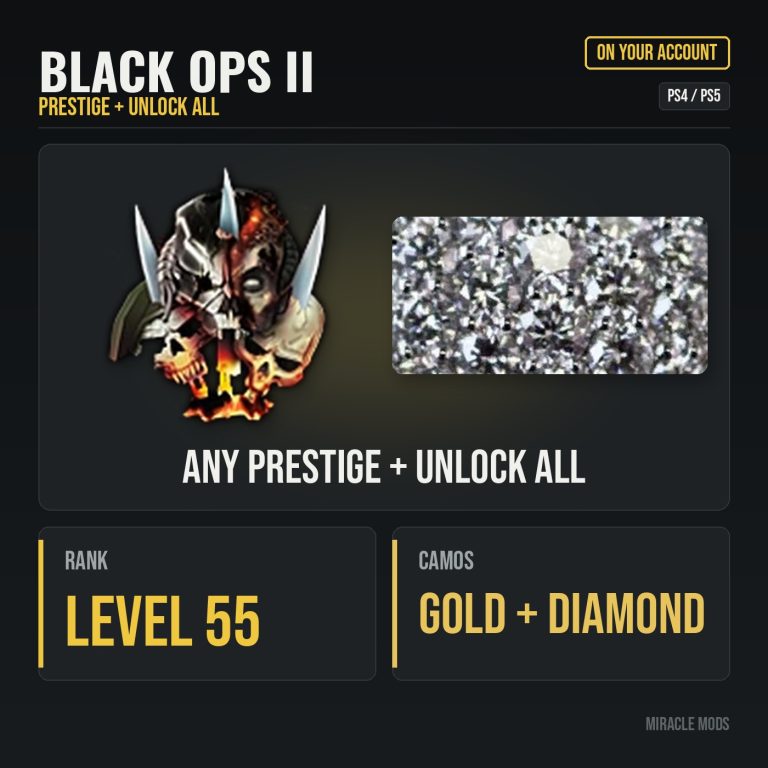 Black Ops 2 Prestige, Rank 55 & Unlock All (PS4/PS5) Black Ops 2 Prestige, Rank 55 & Unlock All (PS4/PS5)