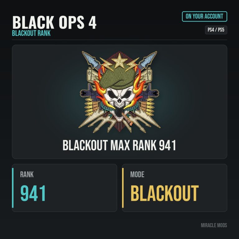 Black Ops 4 Blackout Max Rank 941 (PS4/PS5) Black Ops 4 Blackout Max Rank 941 (PS4/PS5)