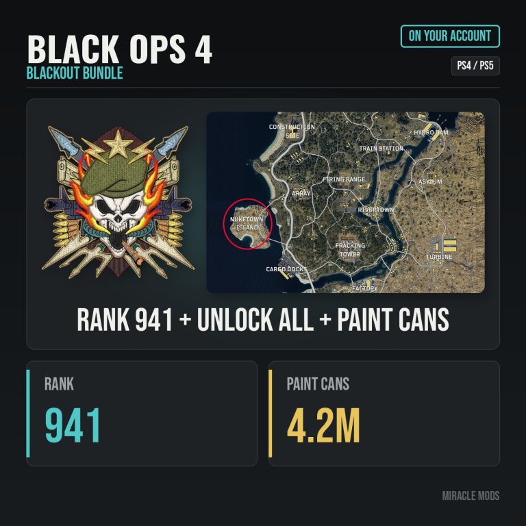 Black Ops 4 Blackout Bundle: Rank 941, Unlock All & Paint Cans (PS4/PS5) Black Ops 4 Blackout Bundle: Rank 941, Unlock All & Paint Cans (PS4/PS5)