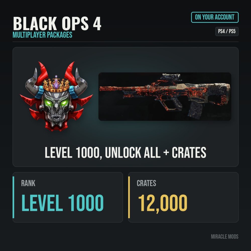Black Ops 4 Multiplayer Level 1000, Unlock All & Crates (PS4/PS5) Black Ops 4 Multiplayer Level 1000, Unlock All & Crates (PS4/PS5)