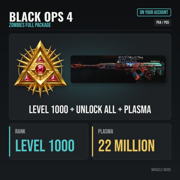 Black Ops 4 Zombies Full Package: Unlock All, Level 1000 & 22M Plasma (PS4/PS5) Black Ops 4 Zombies Full Package: Unlock All, Level 1000 & 22M Plasma (PS4/PS5)
