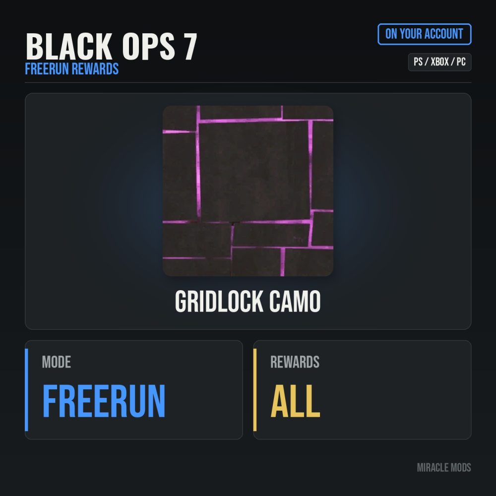 Call of Duty: Black Ops 7: Freerun Rewards + Gridlock Camo Call of Duty: Black Ops 7: Freerun Rewards + Gridlock Camo