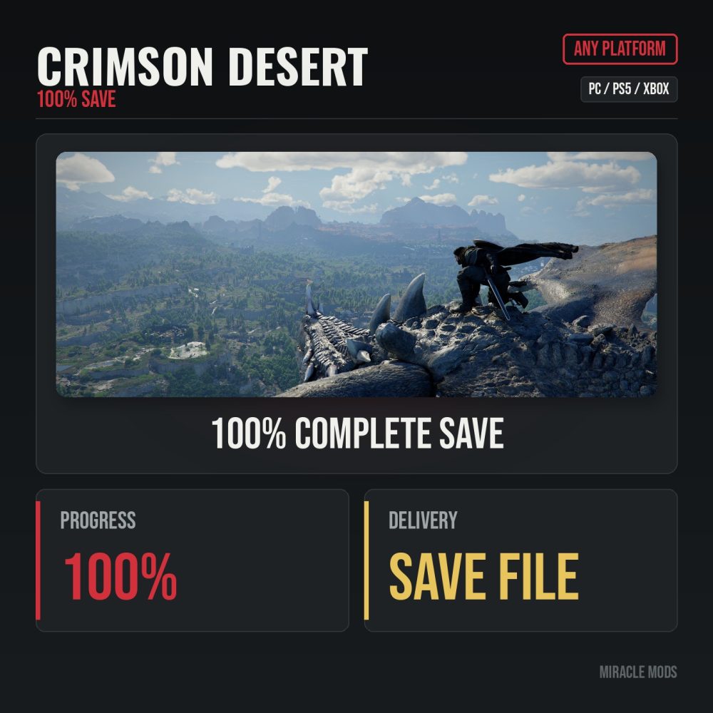 Crimson Desert 100% Complete Save (PC/Xbox/PS5) Crimson Desert 100% Complete Save (PC/Xbox/PS5)