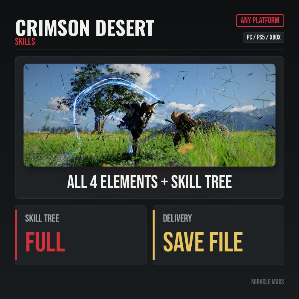 Crimson Desert All 4 Elements + Full Skill Tree (PS5/Xbox/PC) Crimson Desert All 4 Elements + Full Skill Tree (PS5/Xbox/PC)