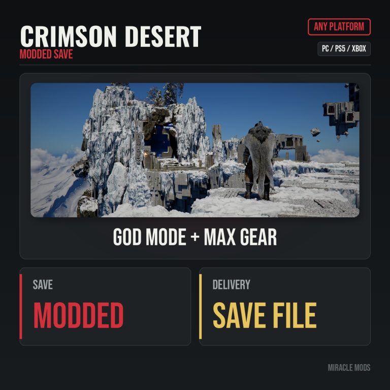 Crimson Desert Modded Save Pack, God Mode & Max Gear (PC/Xbox/PS5) Crimson Desert Modded Save Pack, God Mode & Max Gear (PC/Xbox/PS5)