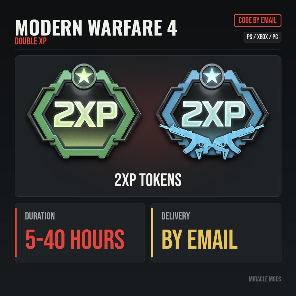 MW4 Double XP codes card showing Player XP and Weapon XP 2XP tokens