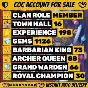 TH16 Clash of Clans Account | Level 198 | Heroes 73_88_66_30 | iOS/Android