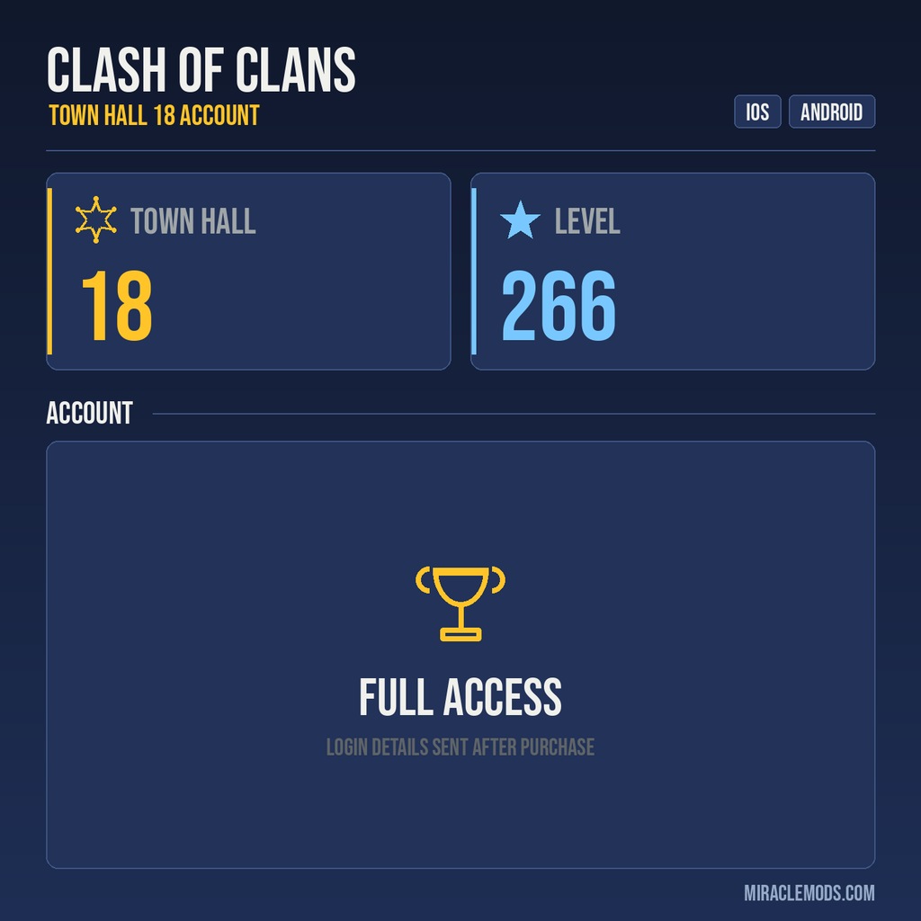 TH18 Clash of Clans Account | Level 266 | Heroes 94/105/80/82/53 | iOS/Android