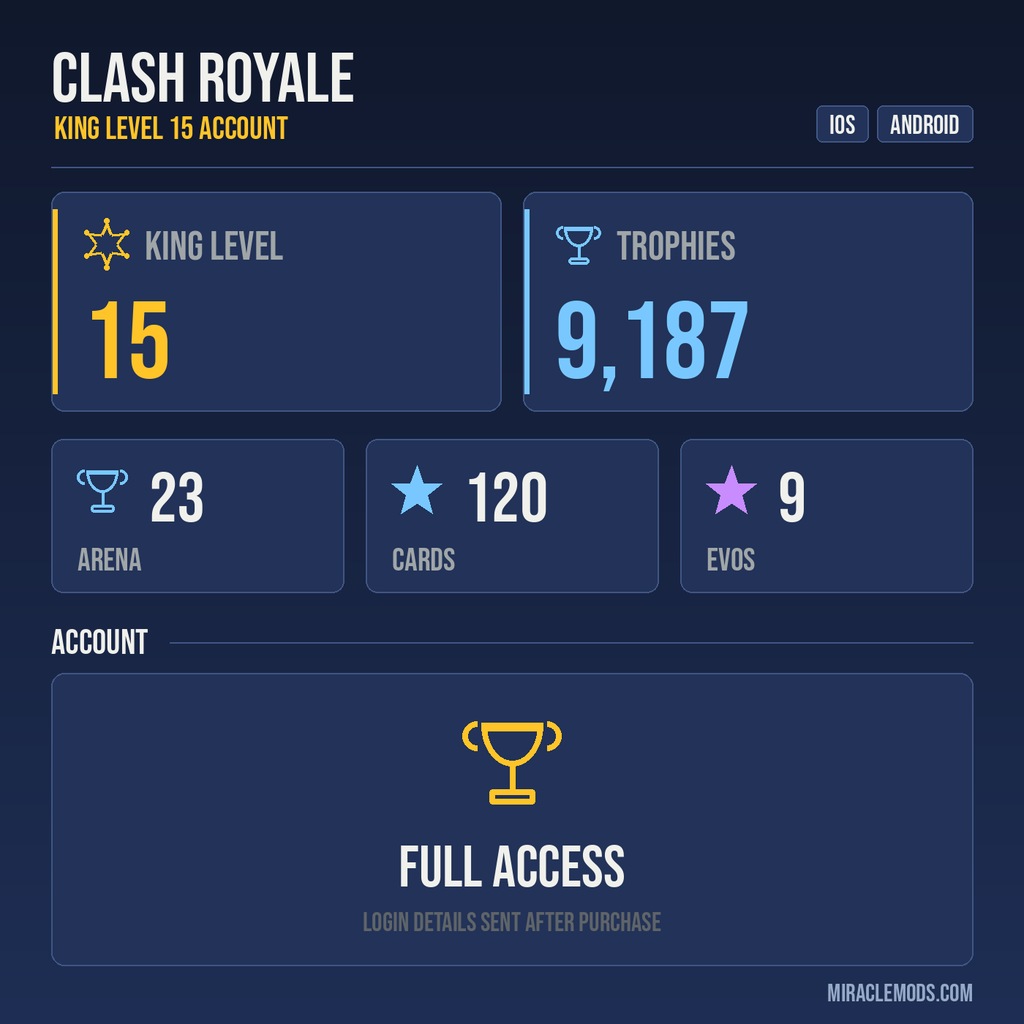 King Tower 15 Clash Royale Account | 9,187 Trophies | Arena 23 | 120 Cards, 9 Evos | iOS/Android