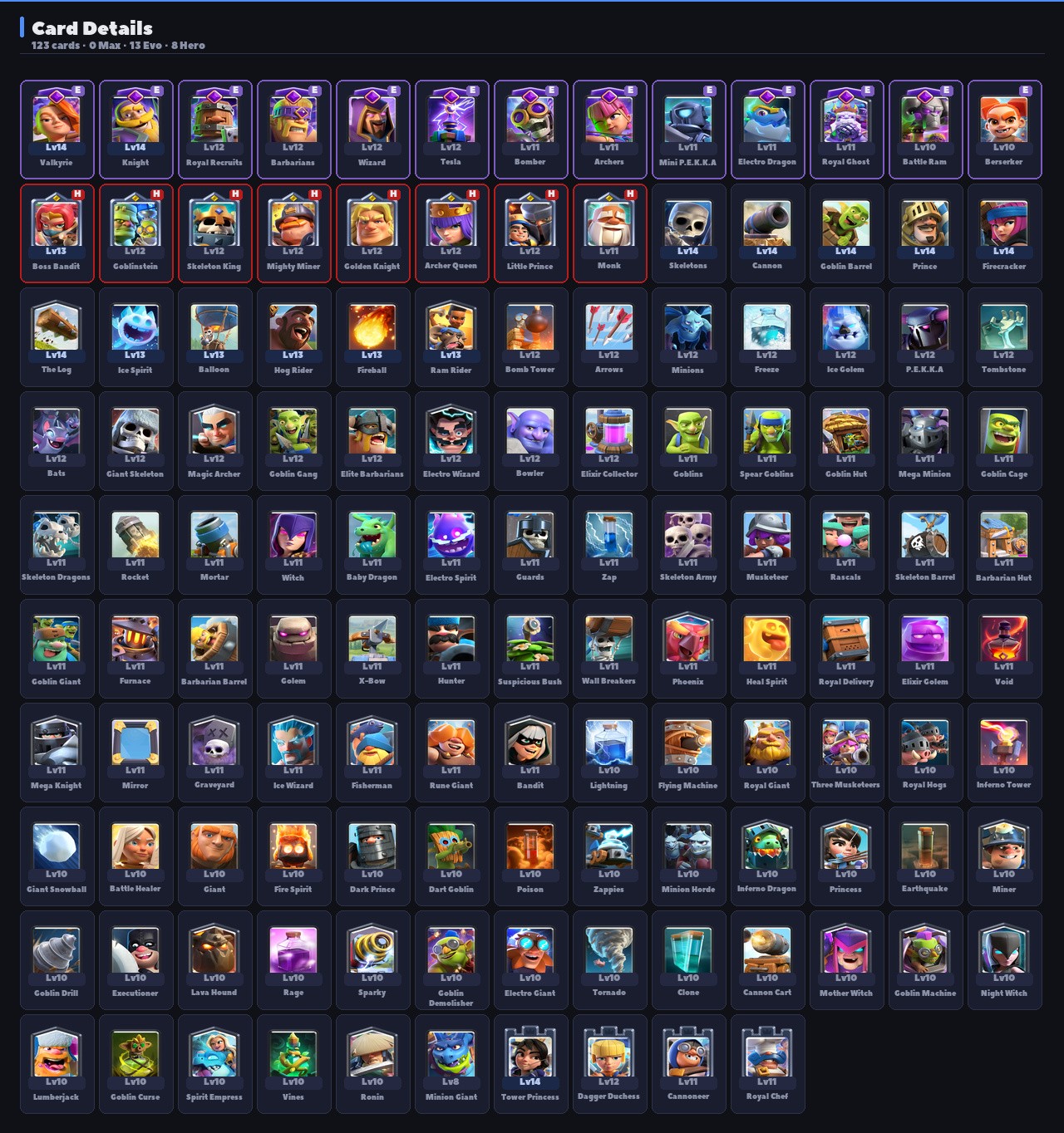 King Tower 14 Clash Royale Account | 8,533 Trophies | Arena 22 | 123 Cards, 11 Evos | iOS/Android