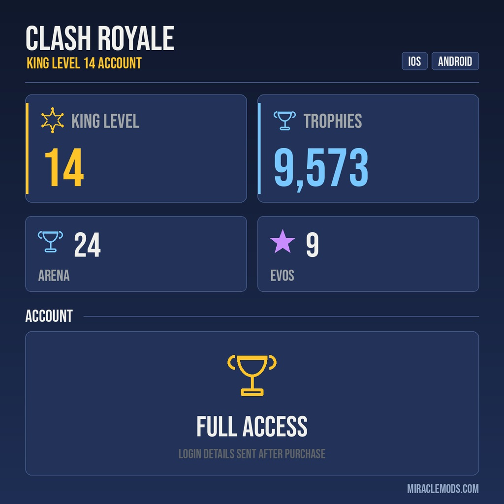 King Tower 14 Clash Royale Account | 9,573 Trophies | Arena 24 | 9 Evos | iOS/Android