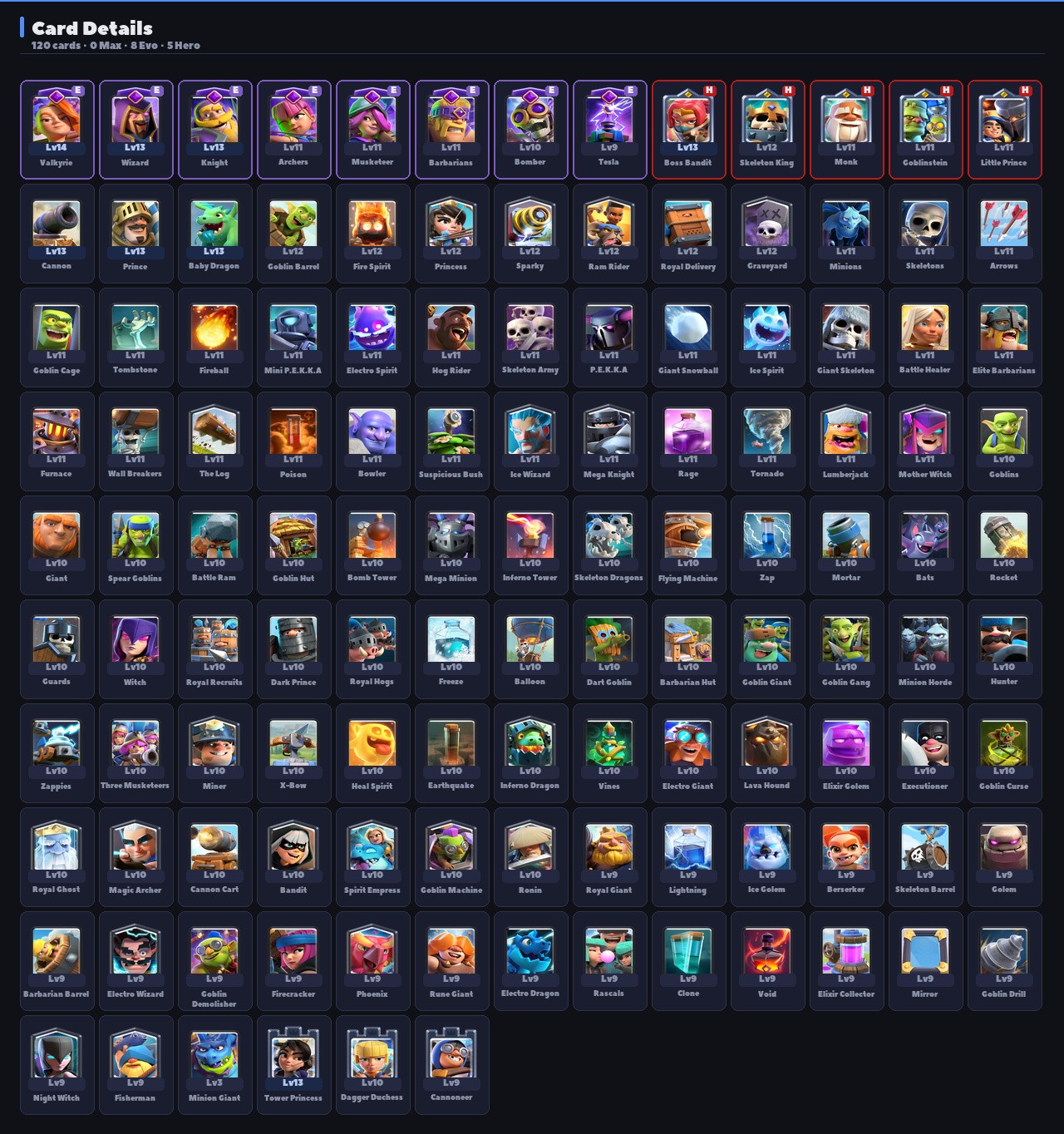 King Tower 13 Clash Royale Account | 7,355 Trophies | Arena 19 | 120 Cards, 8 Evos | iOS/Android