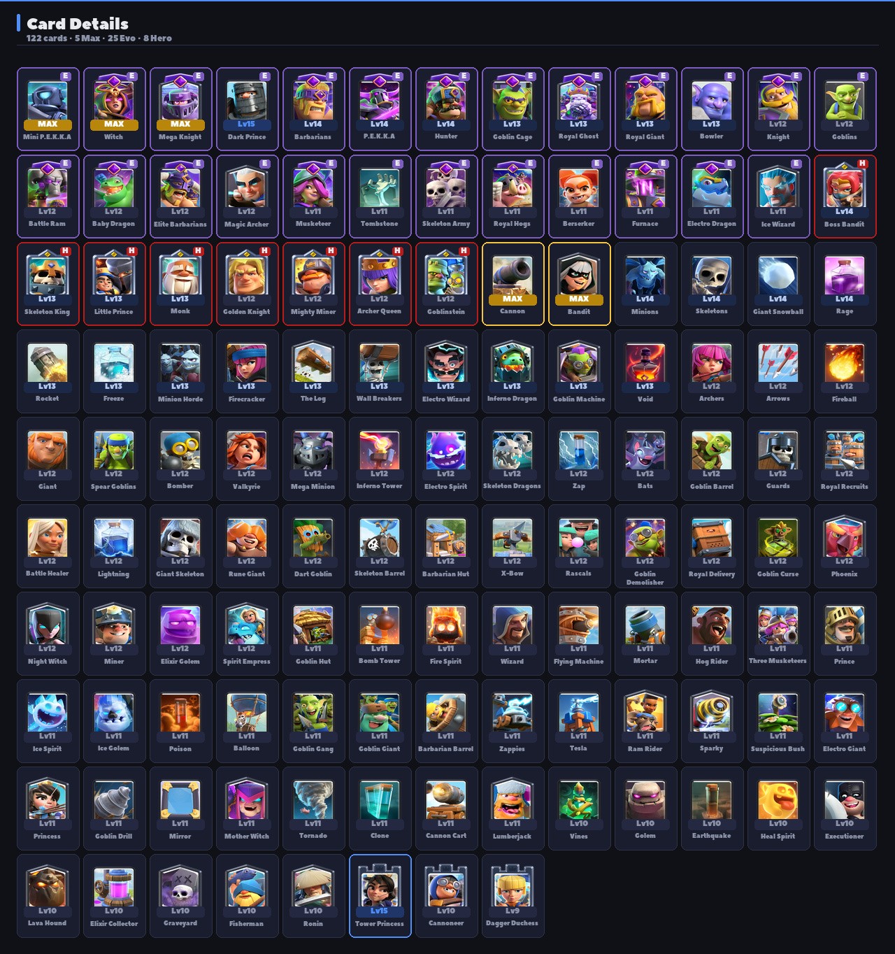 King Tower 15 Clash Royale Account | 11,138 Trophies | Arena 27 | 122 Cards, 17 Evos | iOS/Android