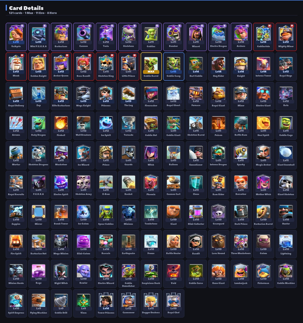 King Tower 14 Clash Royale Account | 8,923 Trophies | Arena 22 | 121 Cards, 11 Evos | iOS/Android