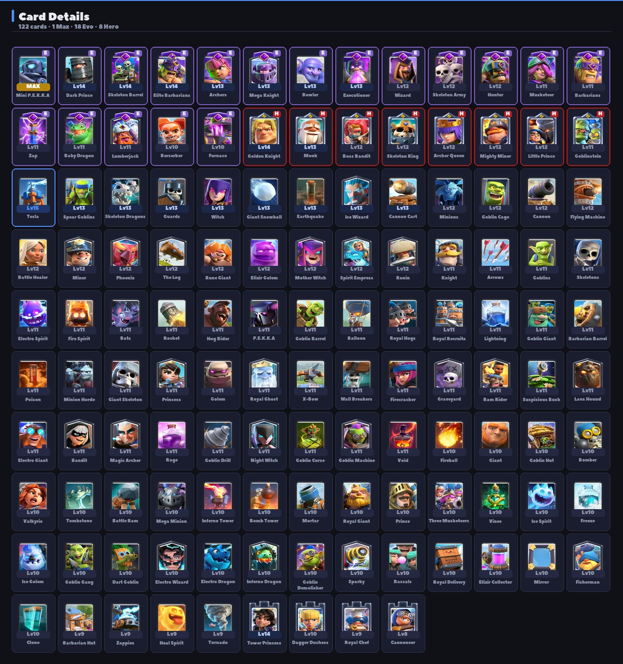 King Tower 14 Clash Royale Account | 9,039 Trophies | Arena 23 | 122 Cards, 18 Evos | iOS/Android