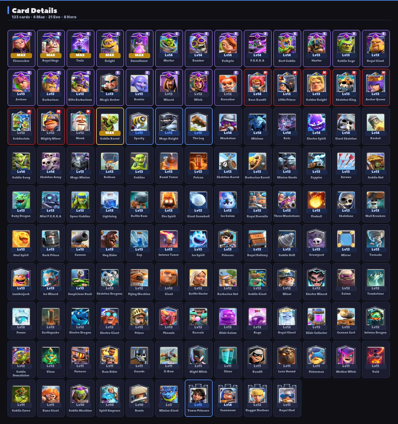 King Tower 15 Clash Royale Account | 11,759 Trophies | Arena 28 | 123 Cards, 21 Evos | iOS/Android