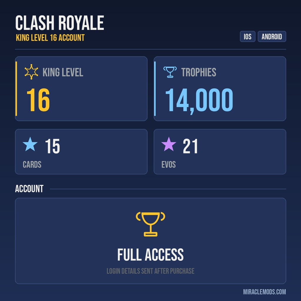King Tower 16 Clash Royale Account | 14,000 Trophies | 15 Cards, 21 Evos | iOS/Android