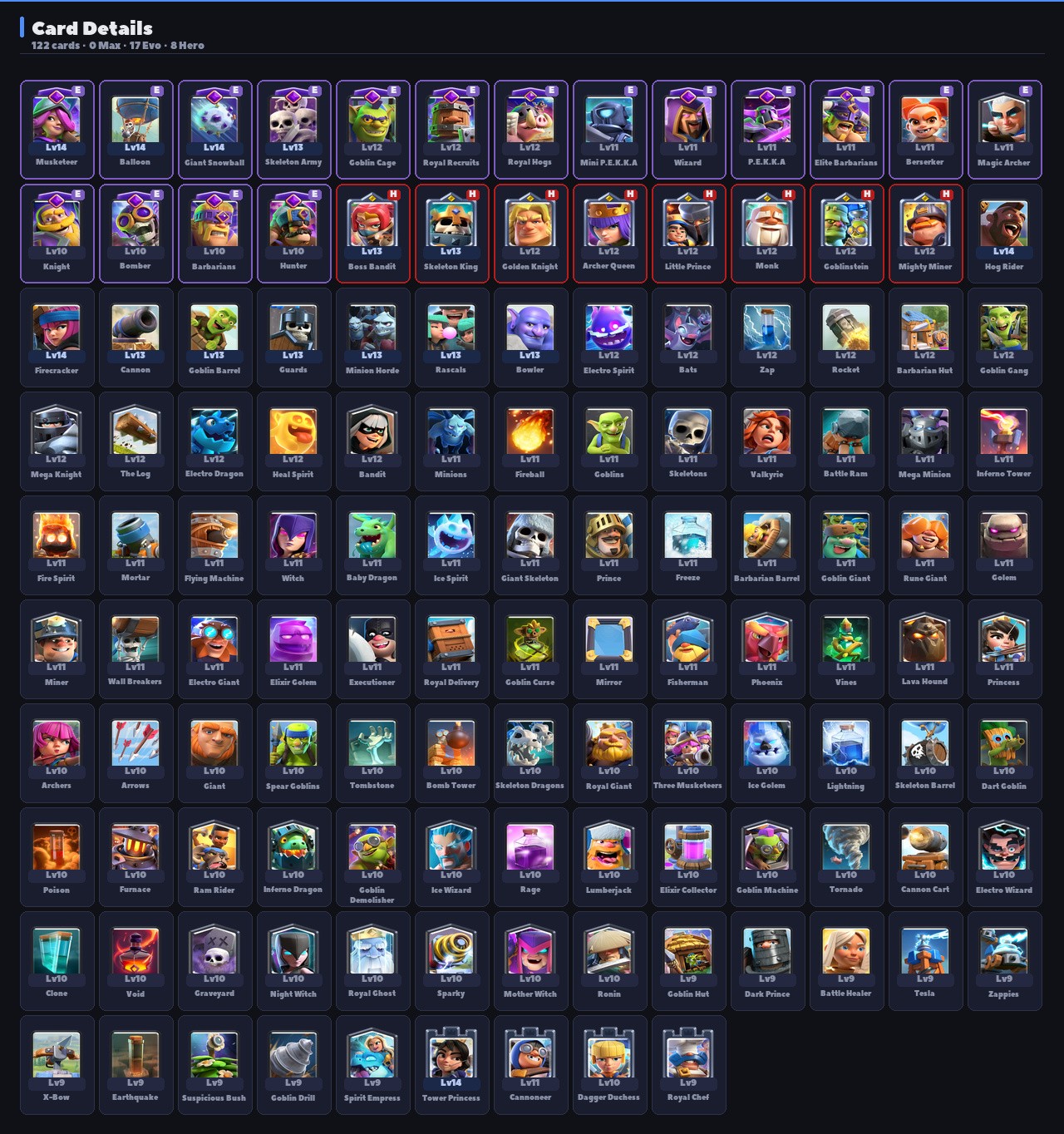 King Tower 14 Clash Royale Account | 8,703 Trophies | Arena 22 | 122 Cards, 17 Evos | iOS/Android