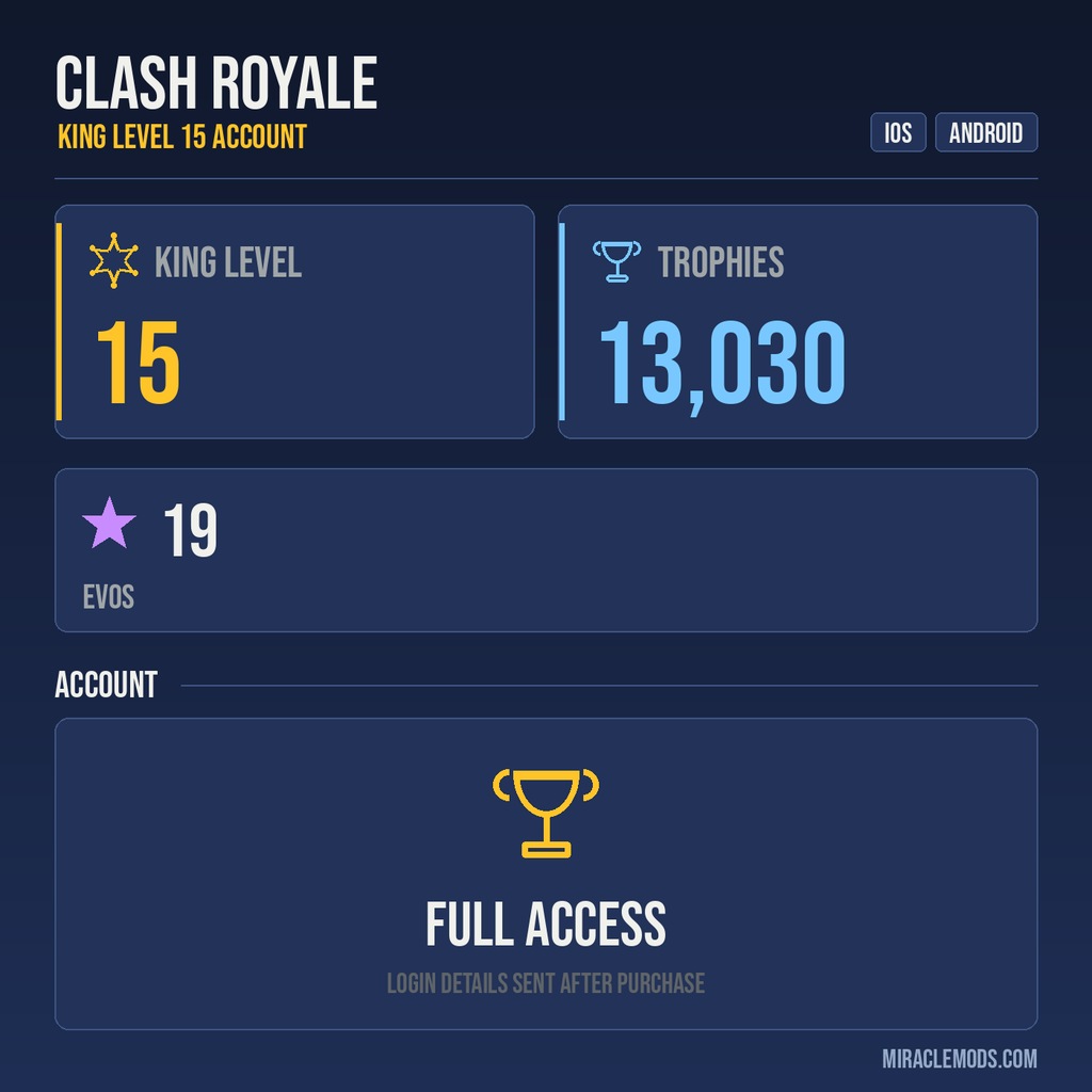 King Tower 15 Clash Royale Account | 13,030 Trophies | 19 Evos | iOS/Android
