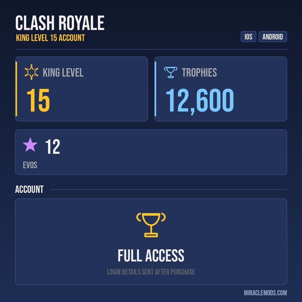 King Tower 15 Clash Royale Account | 12,600 Trophies | 12 Evos | iOS/Android