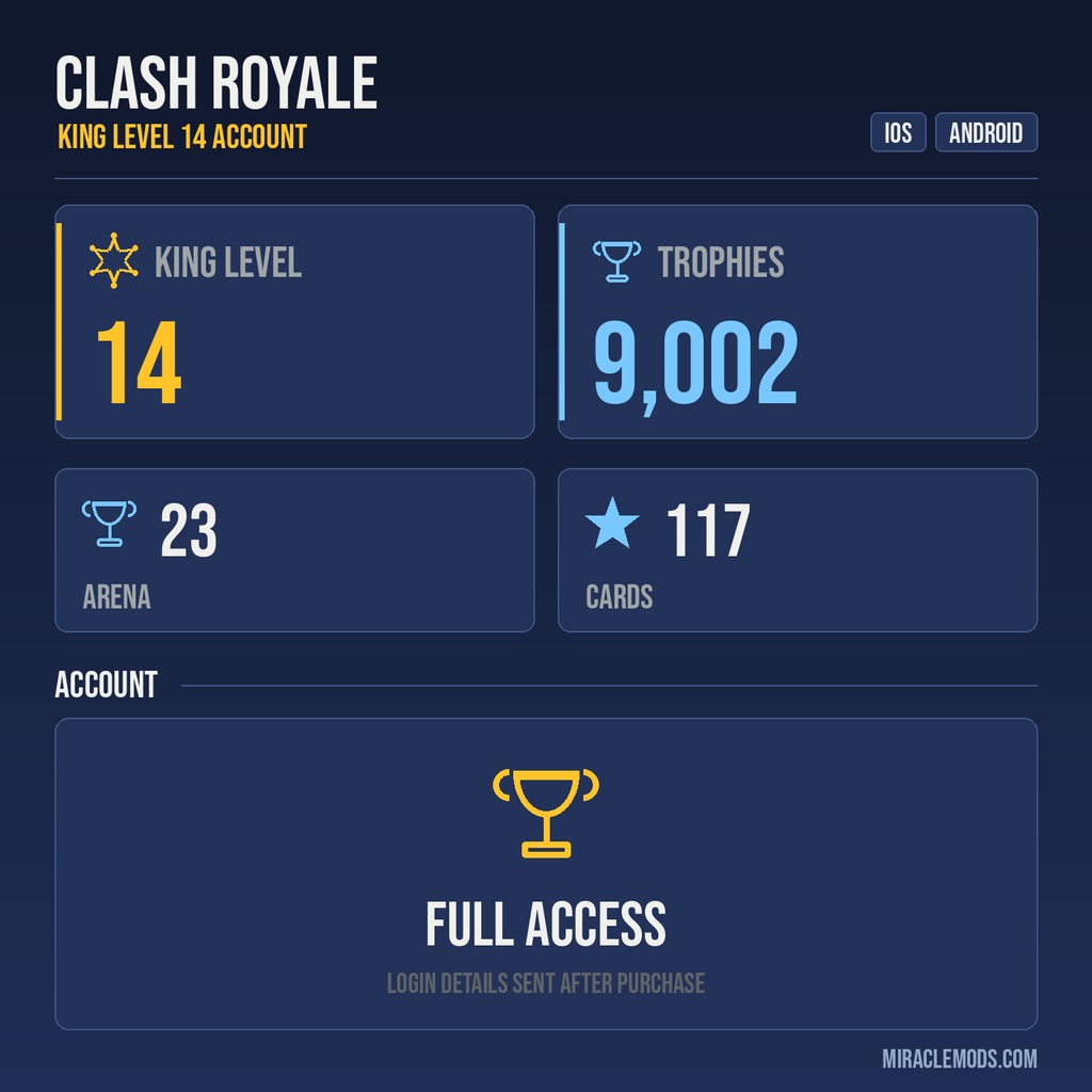 Clash Royale account King Tower 14 Clash Royale Account | 9,002 Trophies | Arena 23 | 117 Cards | iOS/Android
