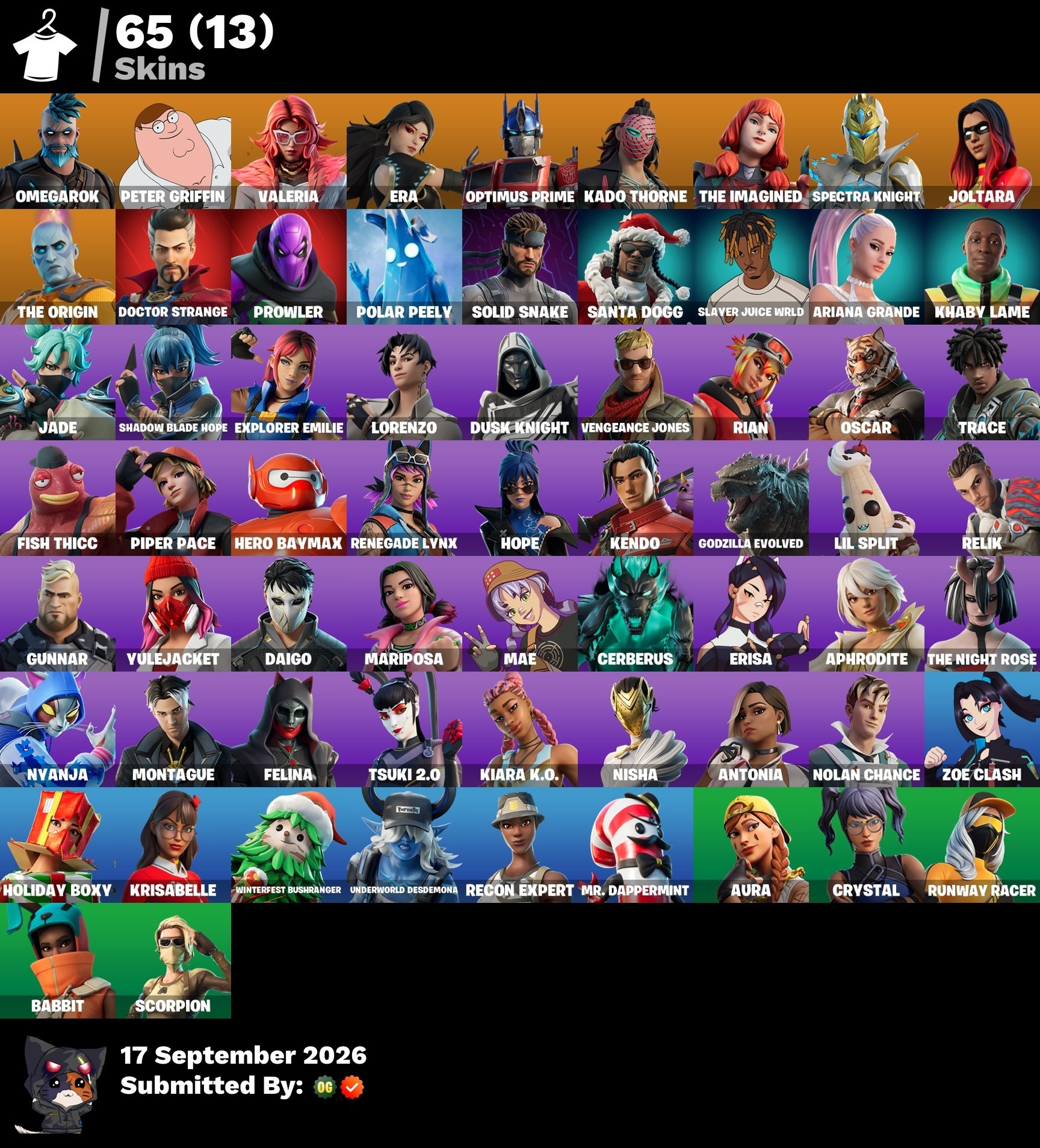 65-Skin Fortnite Account | The Reaper, The Reaper Axe, Omegarok, Valeria | PC/PSN/Xbox