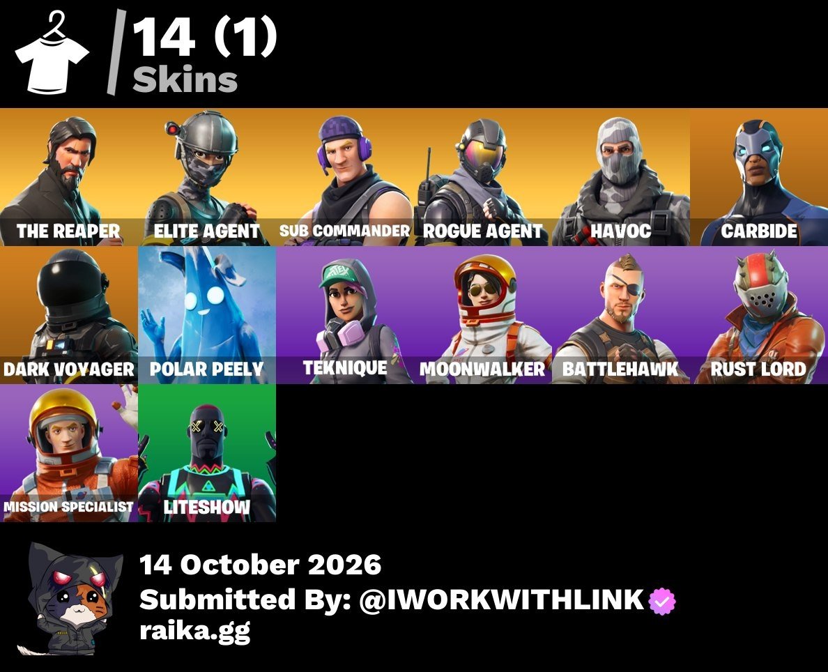 14-Skin Fortnite Account | The Reaper, Havoc, Elite Agent, Dark Voyager | PC/PSN/Xbox