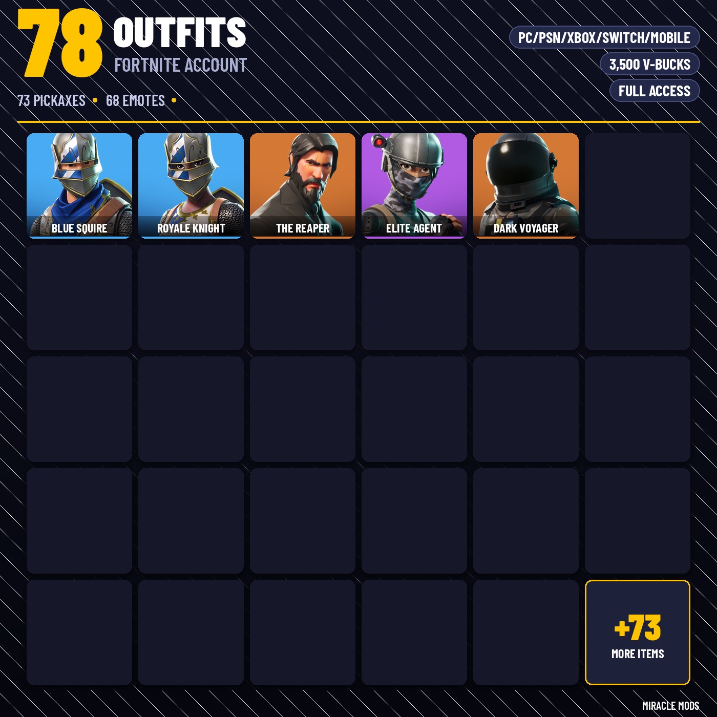 78-Skin Fortnite Account | Blue Squire, Royale Knight, The Reaper, Elite Agent | PC/PSN/Xbox/Switch/Mobile