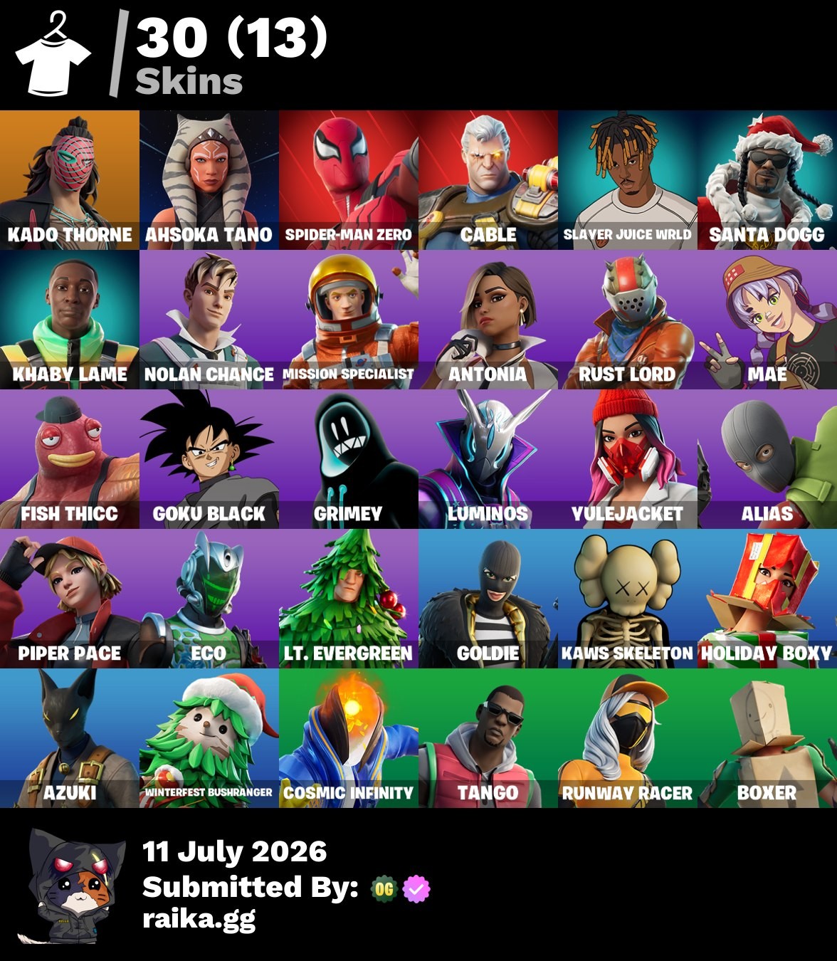 30-Skin Fortnite Account | Take The L, Kado Thorne, Ahsoka Tano, Spider-Man Zero | PC/Switch