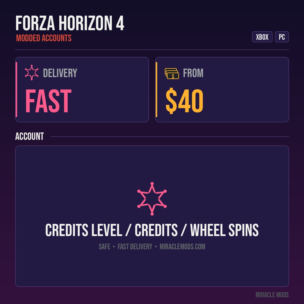 Forza Horizon 4 Credits Level / Credits / Wheel Spins Package (Xbox/Steam) (PRE-MADE ACCOUNT) Forza Horizon 4 Credits Level / Credits / Wheel Spins Package (Xbox/Steam) (PRE-MADE ACCOUNT)