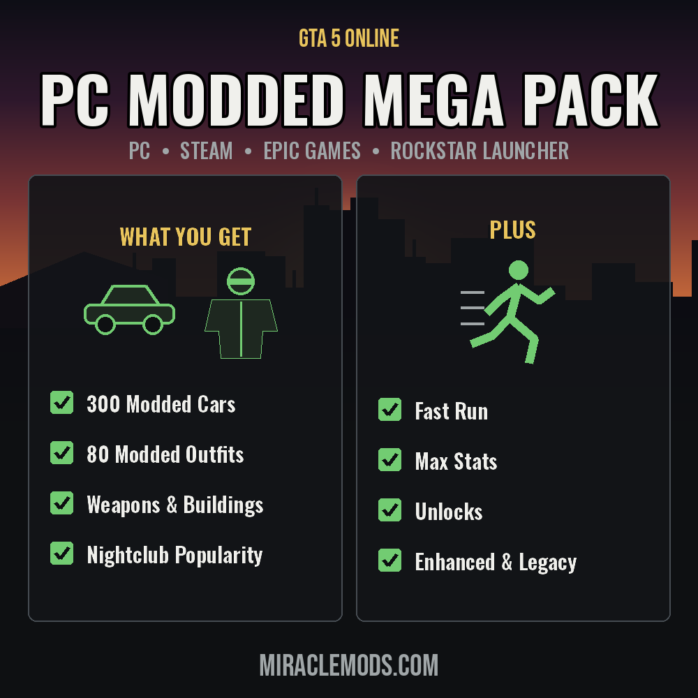 GTA 5 Online PC Modded Mega Pack GTA 5 Online PC modded mega pack: 300 modded cars, 80 modded outfits, Fast Run, Max Stats and unlocks