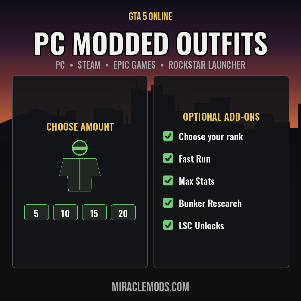 GTA 5 Online PC Modded Outfits GTA 5 Online PC modded outfits, 5 to 20 outfits