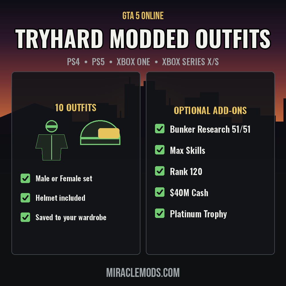 GTA 5 Online TryHard Modded Outfits GTA 5 Online TryHard modded outfits with optional add-ons