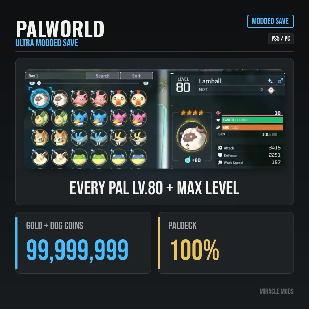 Palworld Ultra Modded Save: Max Level, Every Pal Lv.80 (PS5/PC) Palworld Ultra Modded Save: Max Level, Every Pal Lv.80 (PS5/PC)