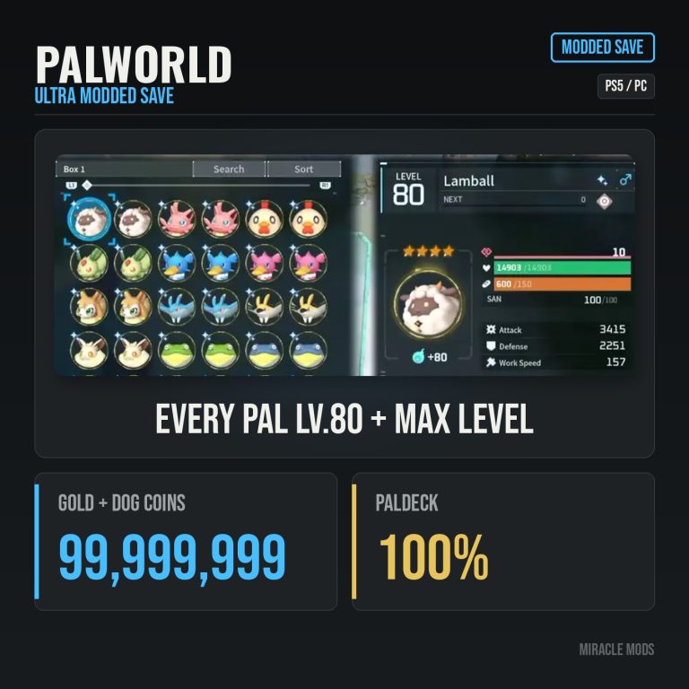 Palworld Ultra Modded Save: Max Level, Every Pal Lv.80 (PS5/PC)