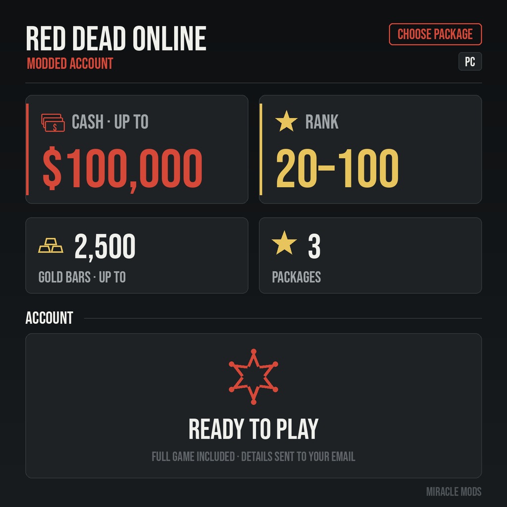 (PC) Red Dead Online Pre-Made Modded Accounts | Rank, Cash and Gold Bars | Steam/Epic (PC) Red Dead Online Pre-Made Modded Accounts | Rank, Cash and Gold Bars | Steam/Epic