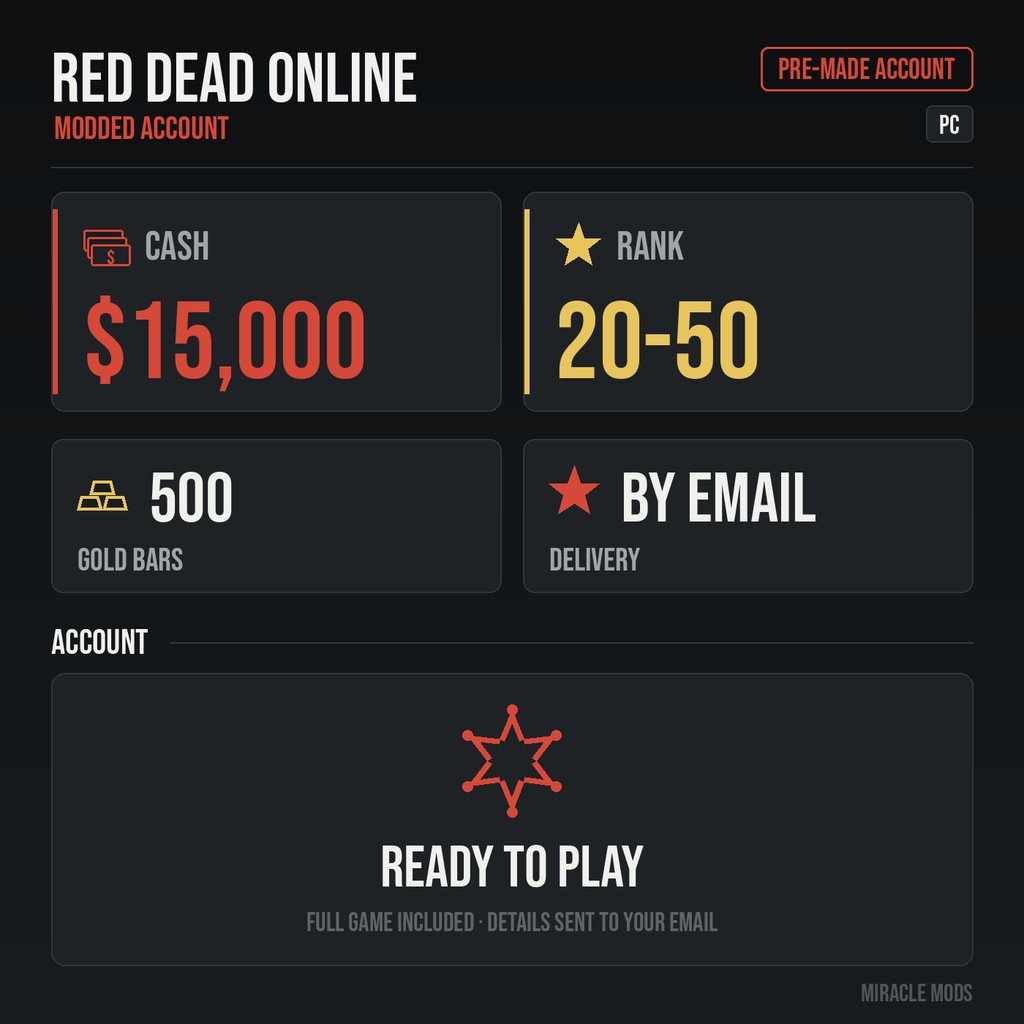 (PC) Red Dead Redemption 2 Modded Account Pre-Made Rank 20-50 15,000 Cash + 500 Gold Bars (PC) Red Dead Redemption 2 Modded Account Pre-Made Rank 20-50 15,000 Cash + 500 Gold Bars